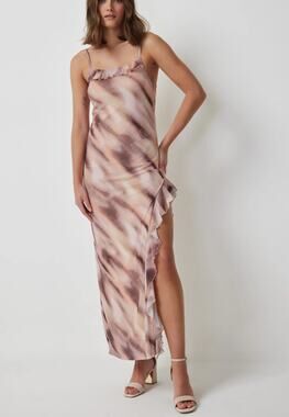 Y2K inspired Sheer Mesh Maxi Dress Ruffle Detail Tie Dye Brown Pink Fairycore